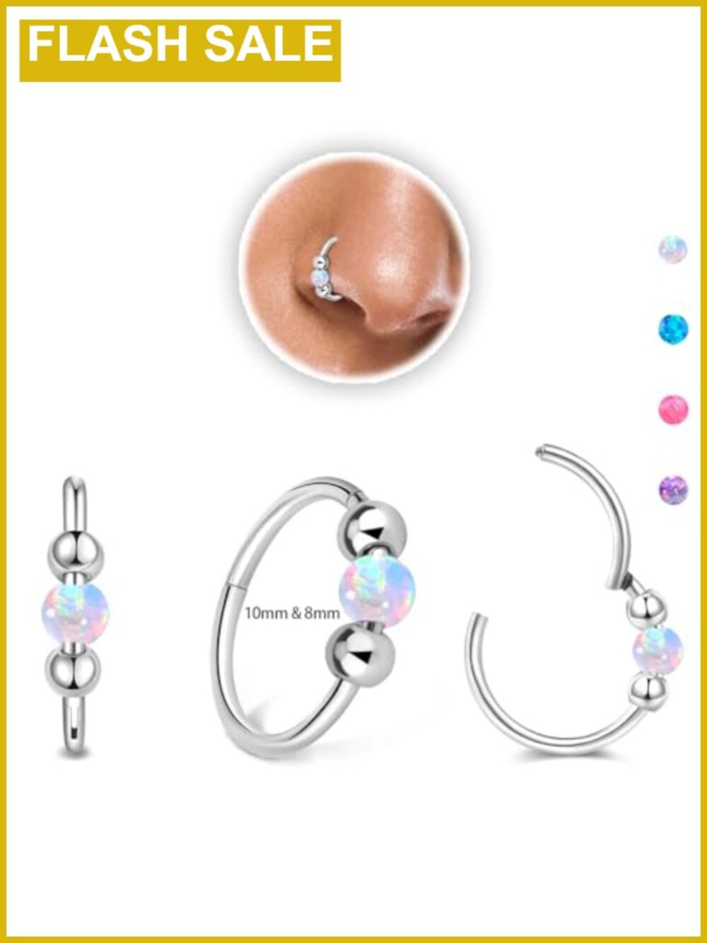 2PCS 18G Opal Nose Rings 316L Surgical Steel 8mm 10mm